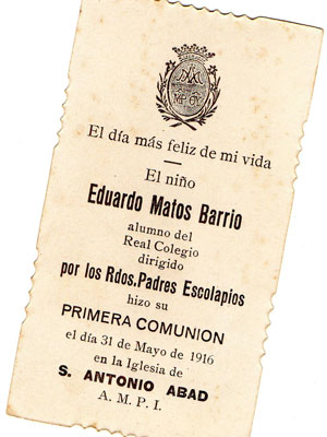 Hizo su Primera Comunin en Barcelona el 31 de mayo de 1916, en la Iglesia de San Antonio Abad (Foto: Adolf Rodes Bach)