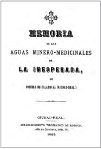 Portada de la memoria realizada por el Dr. Mariano Salvador Gamboa sobre el agua minero-medicinal La Inesperada (1883).