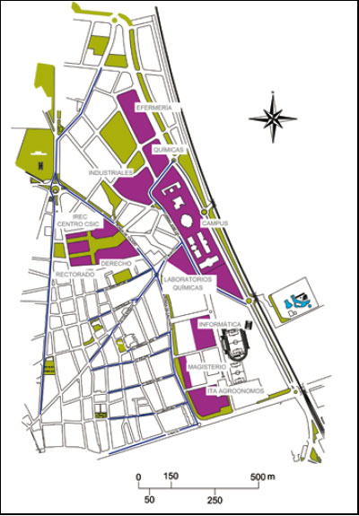 Zona de influencia del campus de Ciudad Real donde se ha estudiado el cambio de la actividad comercial. 1992 y 2008