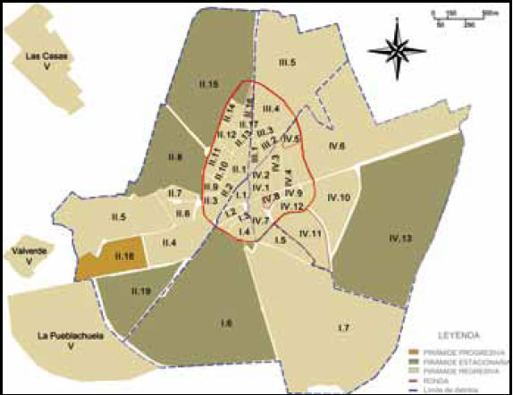 Distribución de los tipos de pirámides en los distritos y secciones de Ciudad Real. 2006