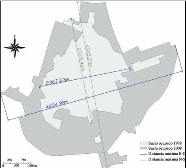 Plano de las distancias máximas de Ciudad Real en 1978 y 2008